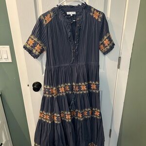 Ivy City Co Blue Maxi Dress with Orange Embroidery